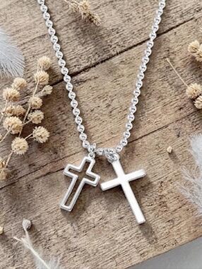 Sterling Silver Double Cross Necklace - Silver